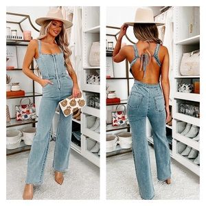 NWT Blue Blush Denim Jean Zip Front Tie Open Back Jumper Jumpsuit
